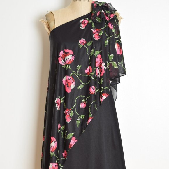 vintage 70s dress black pink one shoulder draped floral print disco mini S - Picture 2 of 7